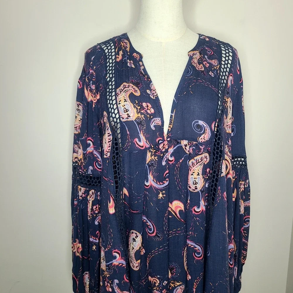 Free People Women's Blue‎ Boho Just the Two of Us Paisley Mini Dress Tunic Sz M